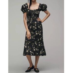 Anthropologie Maeve Linen Blend Puff-Sleeve Sweetheart Midi Dress 2XXS